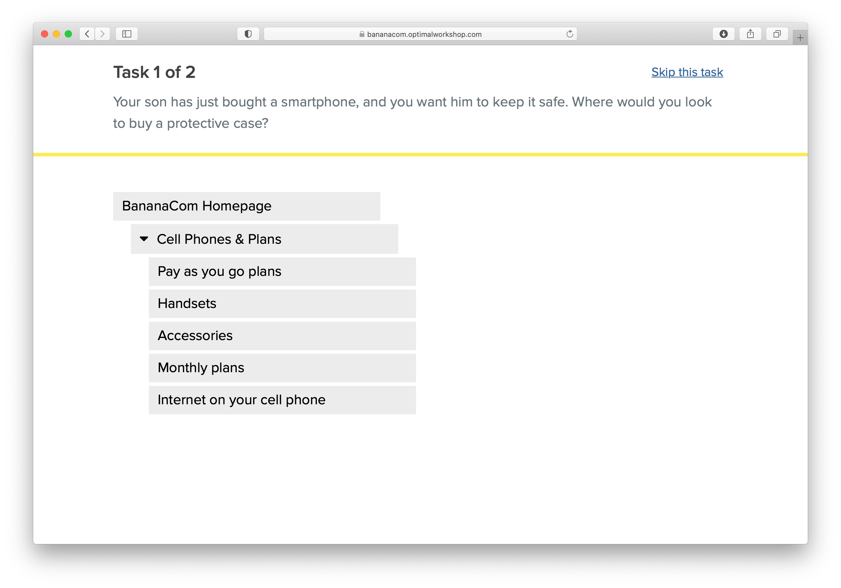 Screenshot of the tree test demo from Optimal Workshop showing how site navigation can be tested with users