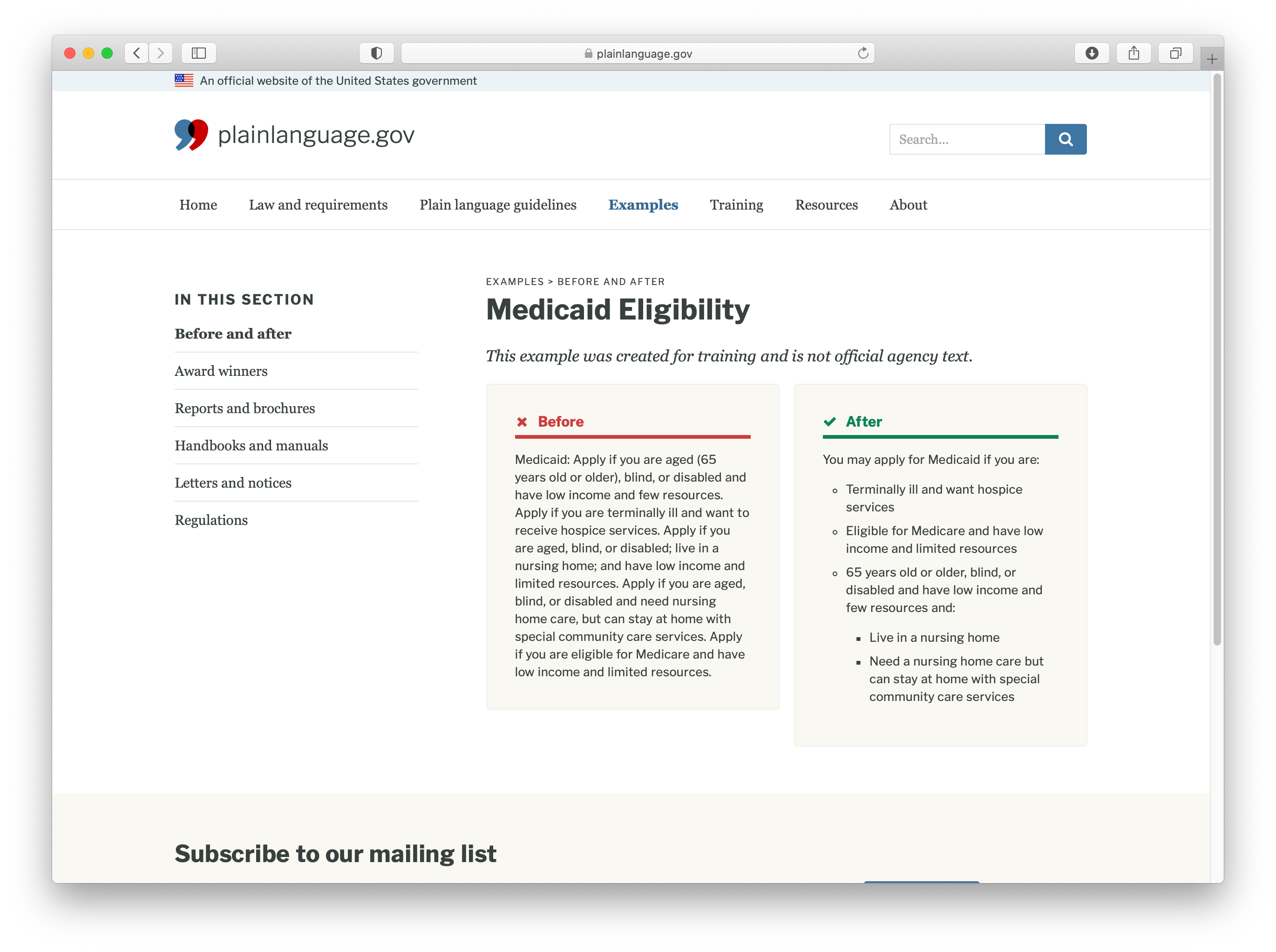 Plain language example showing Medicaid content broken into a bullet list for clarity and readability
